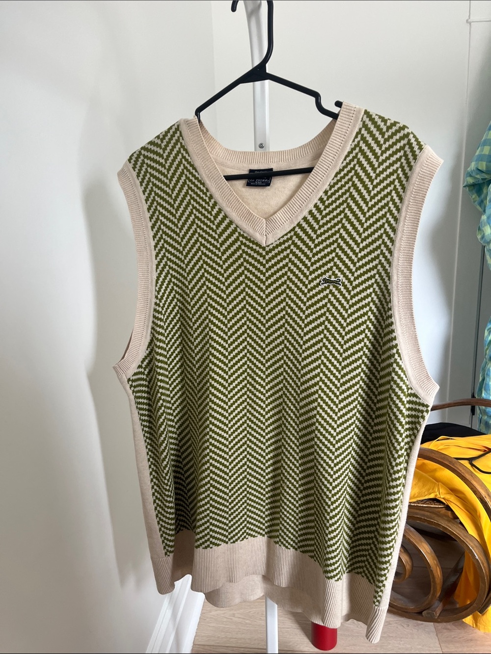 Olive Chevron V-Neck Sweater Vest with Cream Trim